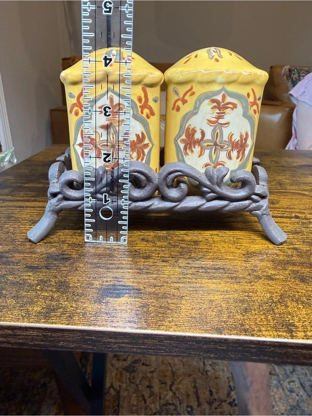 Vintage Artimino Sienna Tuscan Ceramic Salt & Pepper Shakers with Metal Stand